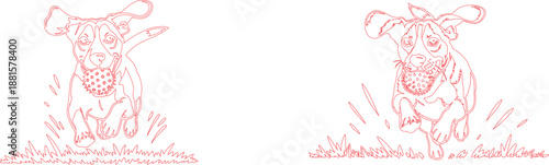 Red outline drawing of an energetic Beagle dog happily running through grass with a spiky ball