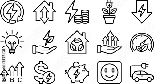 Set of energy saving icons featuring renewable electricity symbols green house concepts solar power ideas electric vehicle charging and financial economy tools for sustainable living