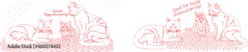 Red outline drawing shows three adorable cats and Happy National Pet Day text for April 1st