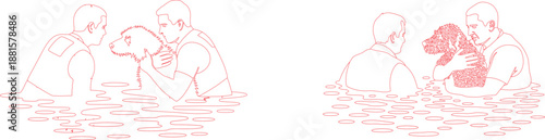 Red outline drawings show people in vests gently rescuing a fluffy dog from the water with care