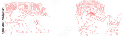 Red outline of a person programming at multiple screens with their loyal dog companion nearby