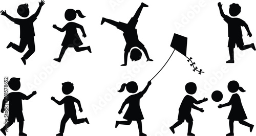 Children playing silhouettes set showing happy kids running, jumping, handstand, flying kite, ball game and active childhood fun