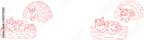 Several red outline cats are resting comfortably in their cozy pet beds and soft cat houses