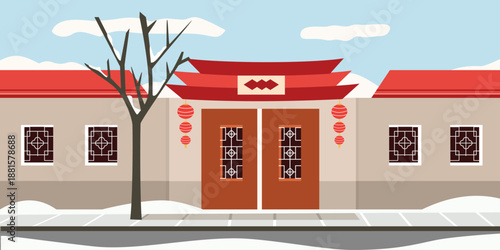 Flat Illustration of a Traditional Chinese Gate in Winter. Chinese restaurant. Chinese house. Lunar new year. Chinatown house.