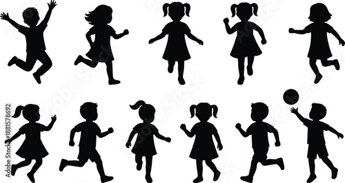 Children playing silhouettes collection featuring happy kids running, jumping, walking, throwing ball, and joyful childhood activity poses