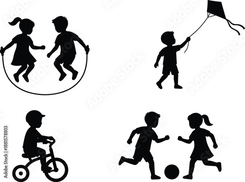 Children outdoor play silhouettes illustration showing kids skipping rope, flying kite, riding bicycle, and playing football together