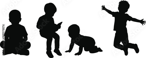 Child development stages silhouettes illustration showing baby crawling, toddler sitting, kid reading book, and happy child jumping activity