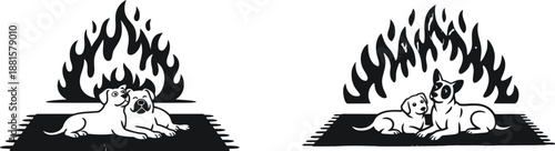 Two cute dogs happily sitting together in front of stylized black and white flames