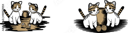 Two cute tabby cats sit next to a decorative pot with fresh hops in a delightful scene