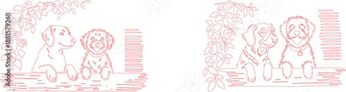 Two playful dogs sit on a wooden log in red outline with leafy branches