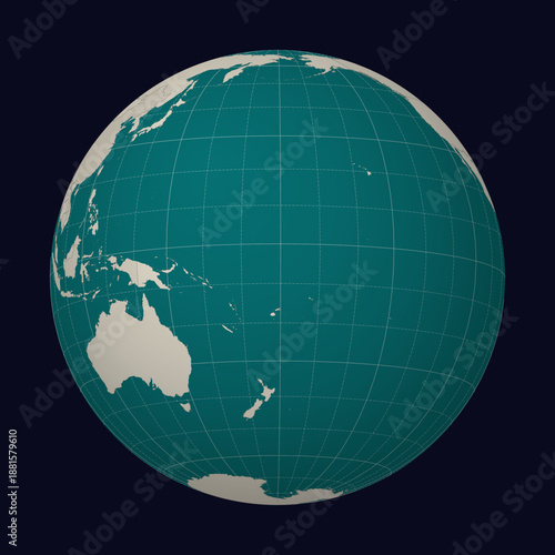 Tuvalu on the map. Globe centered to Tuvalu. Country location on the world map. Teal Pale Mint color palette. Globe with countries, meridians and parallels. Authentic vector illustration.