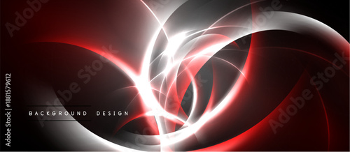 Abstract red, white lines create dynamic energy flow. Modern design with dark background offers sleek visual impact.