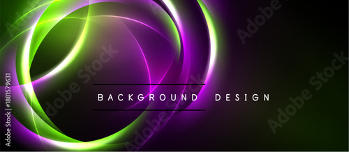 Abstract neon circles overlap dark background. Vibrant green, purple hues create dynamic visual effect. Modern design element.
