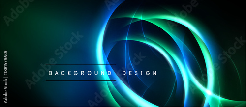 Abstract design features glowing circular layers. Dark background contrasts vibrant blue, green hues. Modern aesthetic, dynamic composition.