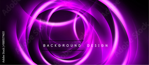 Bright purple abstract swirls dominate black canvas. Circular shapes create dynamic visual effect. Text reads background design.
