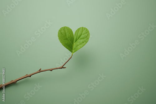 Heart shaped green leaf on sage background for Valentine nature concept. Minimalist botanical heart leaf symbol for organic love and romantic design.