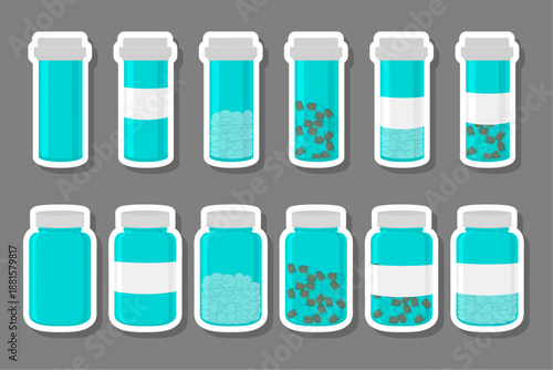 Big colored set different types of pills inside close jar
