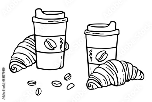 Hand drawn takeout coffee and croissant, line sketch isolated on white. Still life of takeaway paper glass with lid and fresh bakery for breakfast. Black and white outline drawing. Vector clipart.