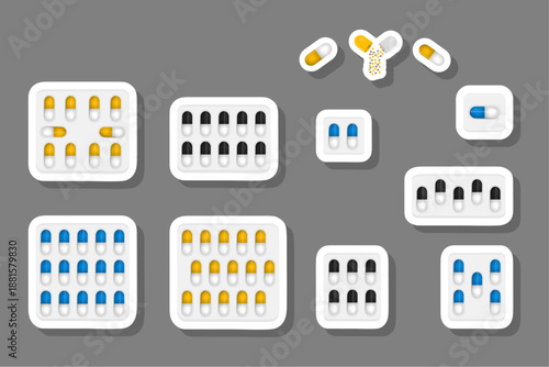 Big colored set different types of pills inside close blister