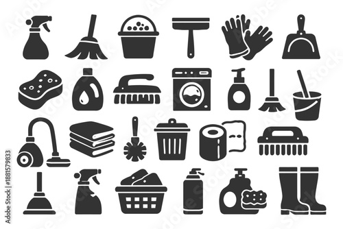 Household cleaning tools icons: broom, bucket, vacuum, gloves, detergent, mop, scrub.