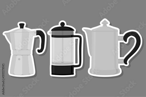 big colored set different types coffee pots
