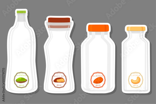 Big set different types chilled milk in bottles various size