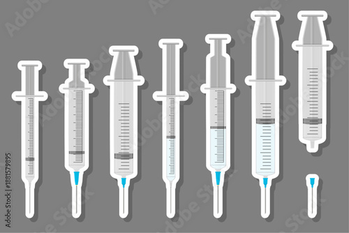 Big colored set different types of syringes, needles for hospital
