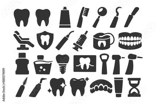 Dental care icons set: tooth, brush, drill, floss, whitening.