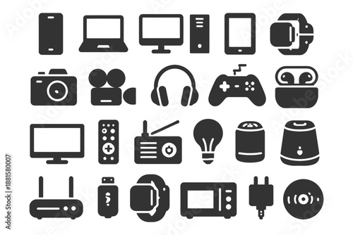 Collection of modern electronic devices and gadgets icons.