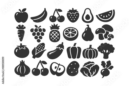 Set of various fruits and vegetables icons in silhouette style.