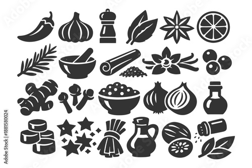 Collection of spice and herb icons: garlic, cinnamon, star anise, pepper, and more.