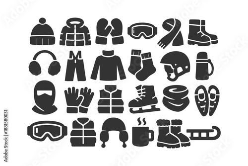 Winter clothing icons set with gloves, boots, and helmets.
