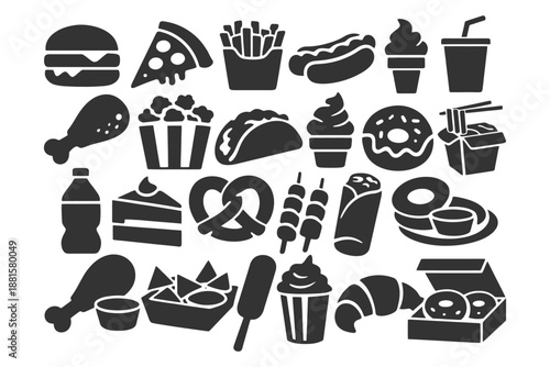 Variety of fast food icons: burgers, pizza, sushi, desserts, and snacks in black silhouettes.
