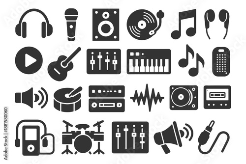 Music icons set: headphones, instruments, speakers, and audio symbols.