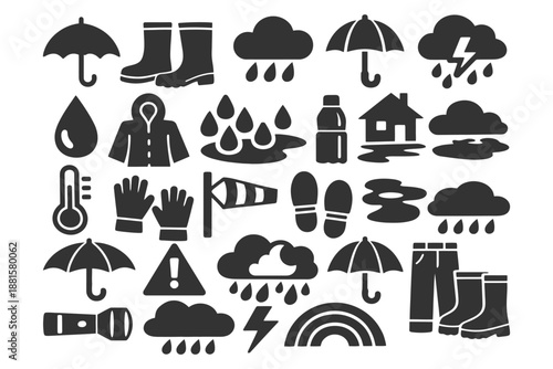 Weather icons set with umbrella, rain, storm, and cloud symbols.
