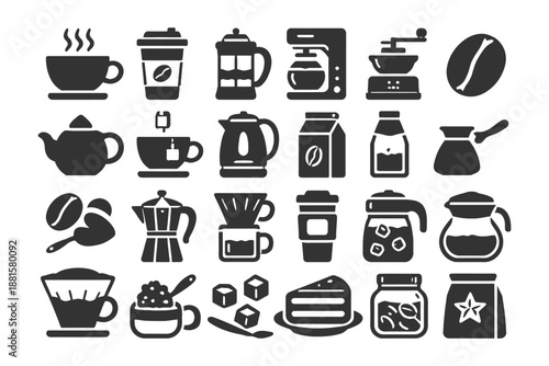 Coffee icons set: cups, beverages, brewing equipment, desserts.
