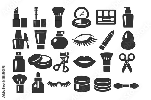 Silhouette makeup set: brushes, lipstick, mascara, perfume, scissors, palette, lotion.