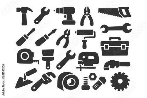 Silhouette icons of various hand and power tools for construction and diy projects.