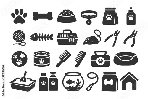 Pet care icon set: toys, food, grooming supplies, accessories, bedding, grooming.