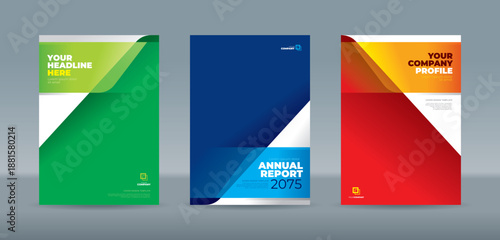 Vibrant cover template featuring modern abstract geometric layers with bold green, blue, and red gradients. A4 size book cover template for annual report, magazine, booklet, proposal, portfolio