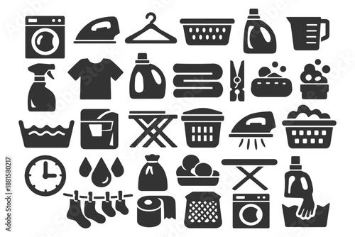 Laundry icon set: washing machine, detergent, iron, basket, hanger, ironing board.