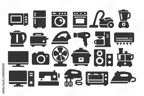 Collection of household appliance icons: kitchen and cleaning essentials.
