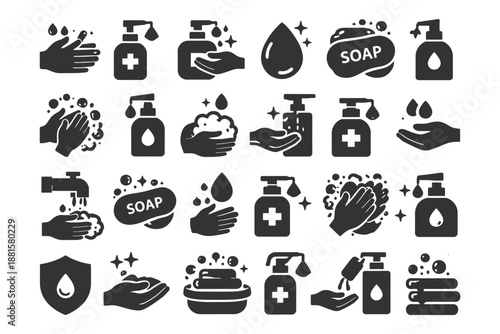 Handwashing icon set: soap, sanitizer, hygiene symbols for clean hands.