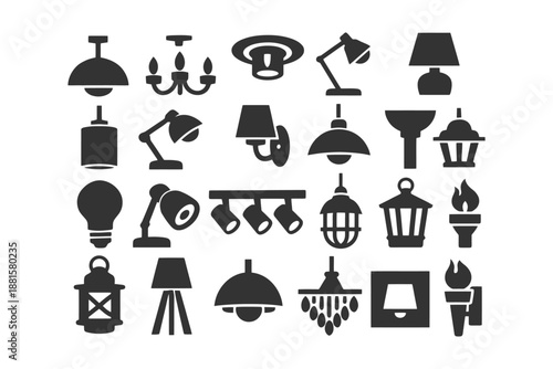 Variety of lamp and light fixture silhouettes in black and white.