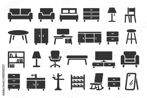 Variety of black furniture icons including sofa, bed, table, and more.
