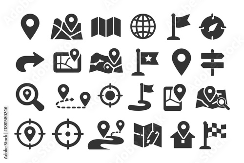 Collection of navigation icons including maps, flags, compasses, and location markers.