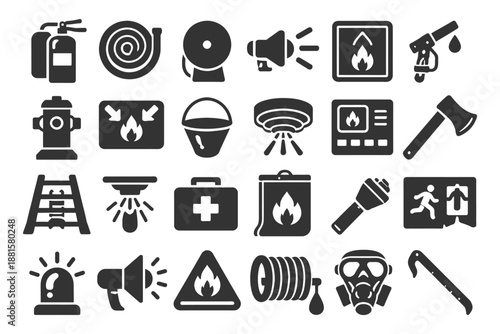 Emergency fire safety icons set: extinguisher, alarm, hydrant, first aid, gas mask.