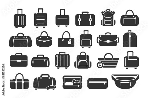 Silhouette icons of various bags: suitcases, backpacks, handbags, and luggage.