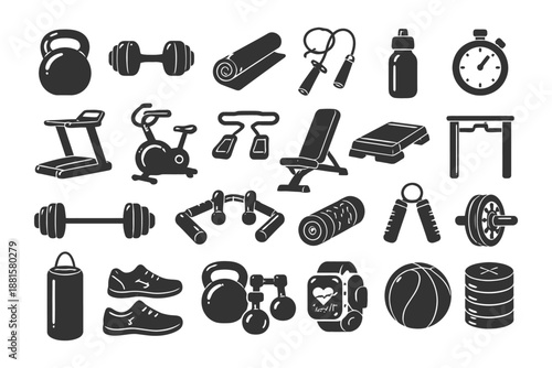 Diverse gym equipment icons: kettlebell, dumbbell, treadmill, jump rope, stopwatch.