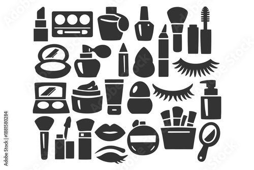 Silhouette icons of makeup and beauty products collection.